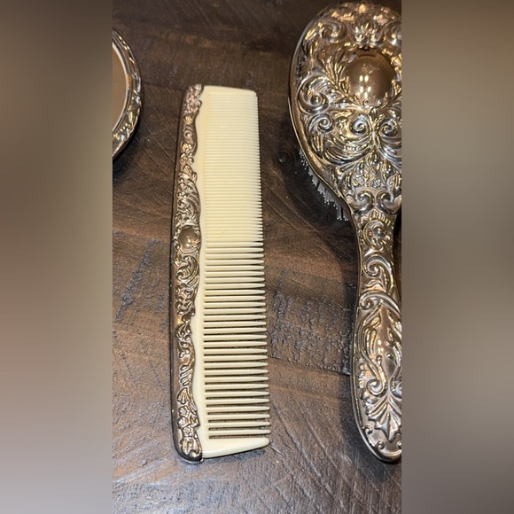 Vintage Silver Finish Vanity Mirror Brush Comb Set THREE PIECE BUNDLE